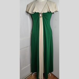 Vintage 1970s Colorblock Flutter Cape Sleeve Maxi Dress Women's Size M/L (12-14)